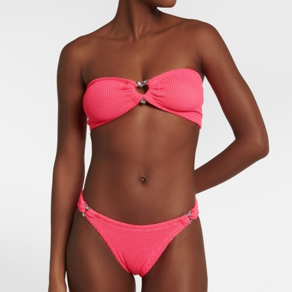 New Hunza G Nicole Pink Fuschia Bikini Set Crinkle Stretchy Hearts Silver Cute
